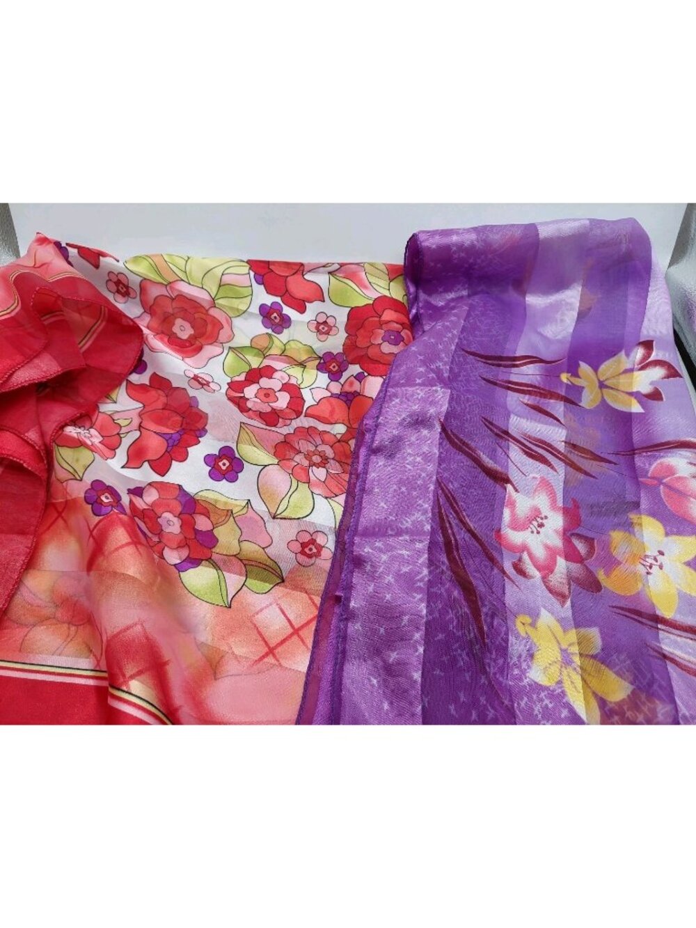 Scarf Purple Red Floral Square Set Of 2 Shimmer Striped 38" READ